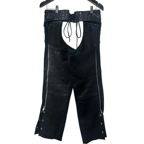 Genuine Womens Leather Motorcycle Chaps XS Zip Biker Western Riding Gear Black
